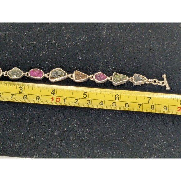 Raw Rainbow Tourmaline Sterling Silver Toggle Clasp Bracelet 7.5" Colourful - Picture 8 of 8